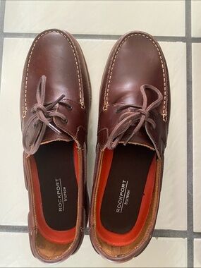 🦩Rockport Men's Dark Brown Leather Boat Shoes with Red Lining🦩